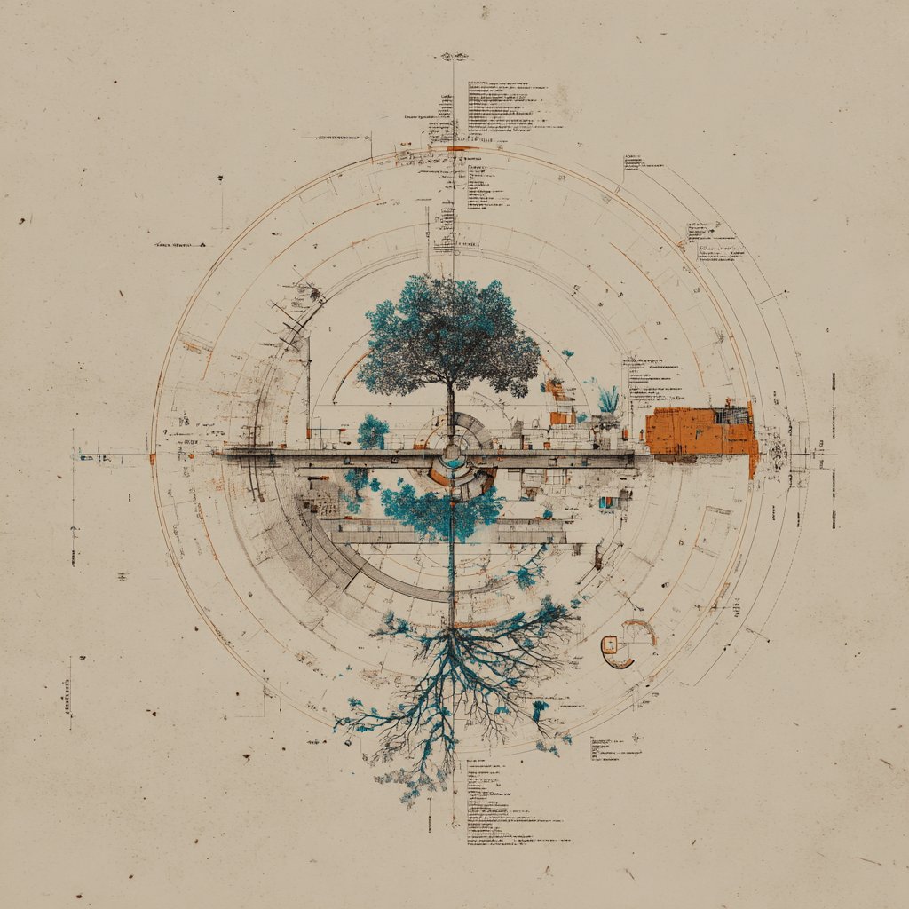 The four-lane infrastructure emblem — tree-and-city schematic